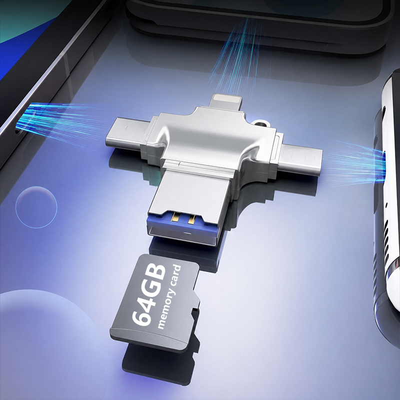 AISLPC 4-in-1 USB card reader adapter with a 64GB memory card, featuring blue light effects that represent high-speed data transfer between multiple devices.