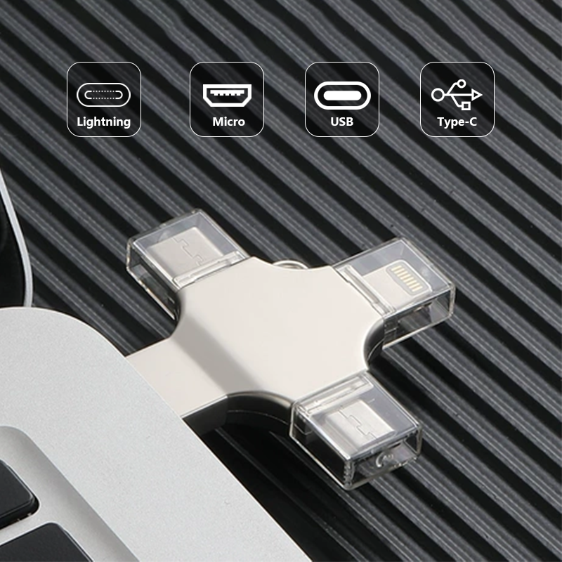 AISLPC 4-in-1 USB adapter featuring Lightning, Micro USB, USB, and Type-C connectors.