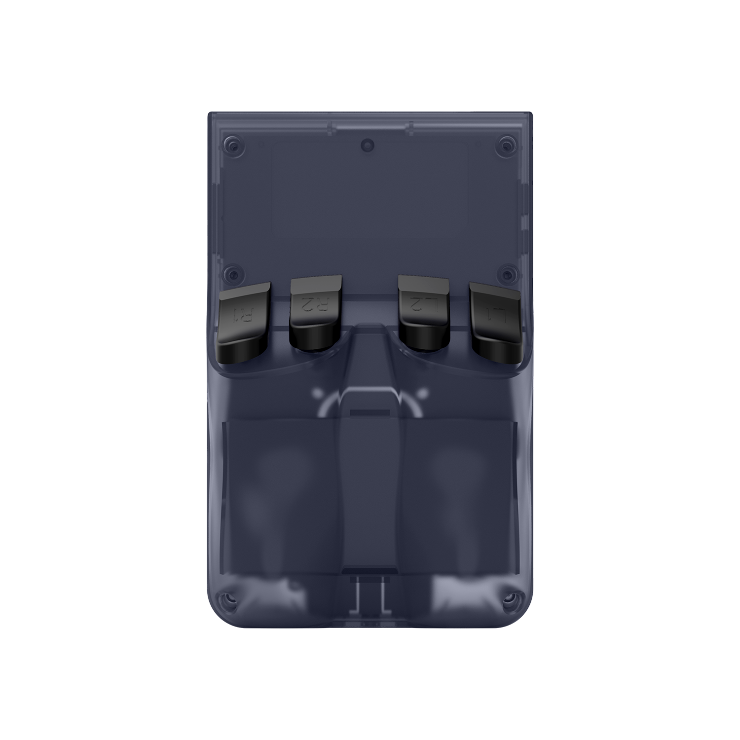 Transparent grey AISLPC R36 PRO retro handheld game console shown from the back with rear shoulder buttons.
