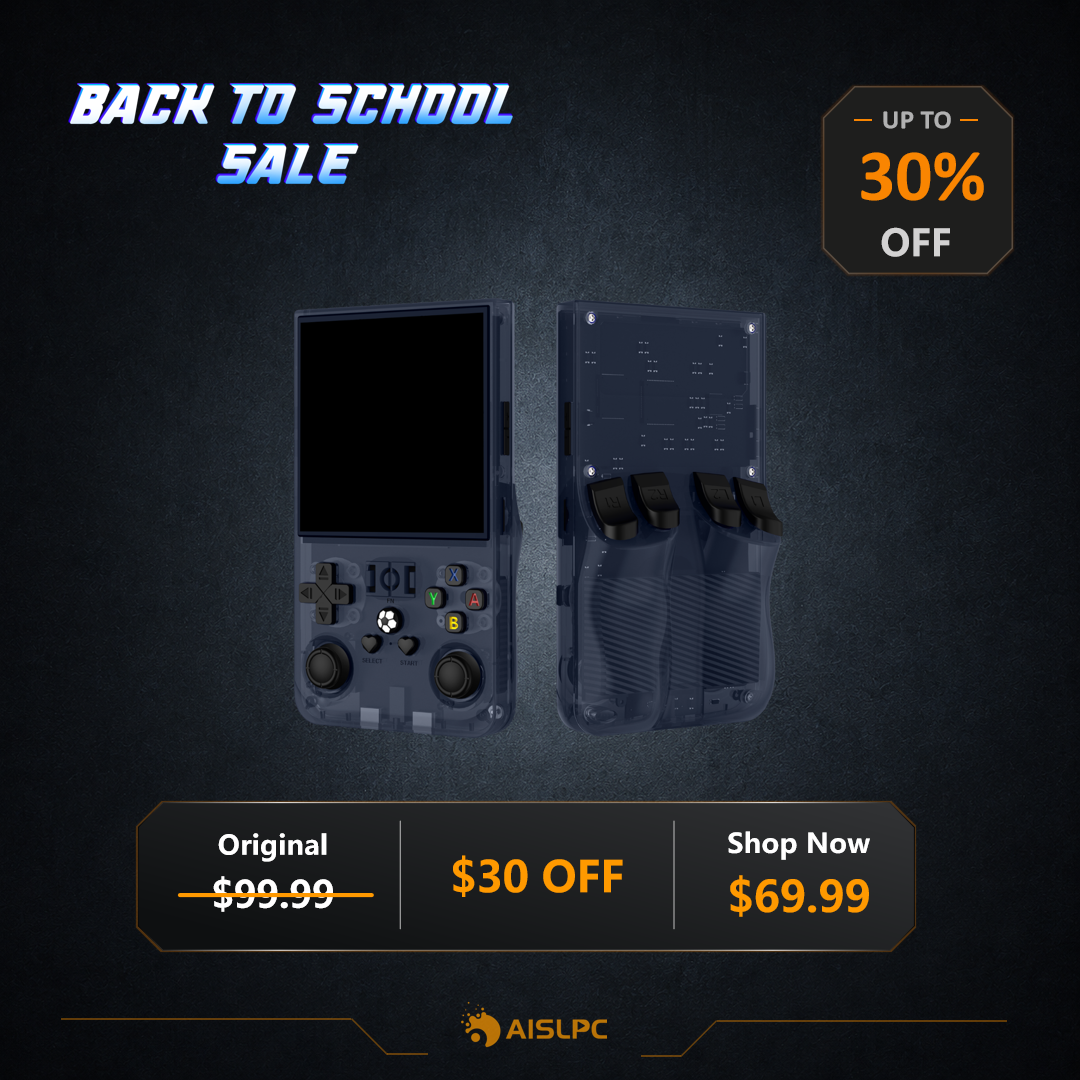 Back to School sale poster featuring the transparent black R36 MAX retro gaming handheld console with 30% off, a $30 discount, original price $99.99, and sale price $69.99.