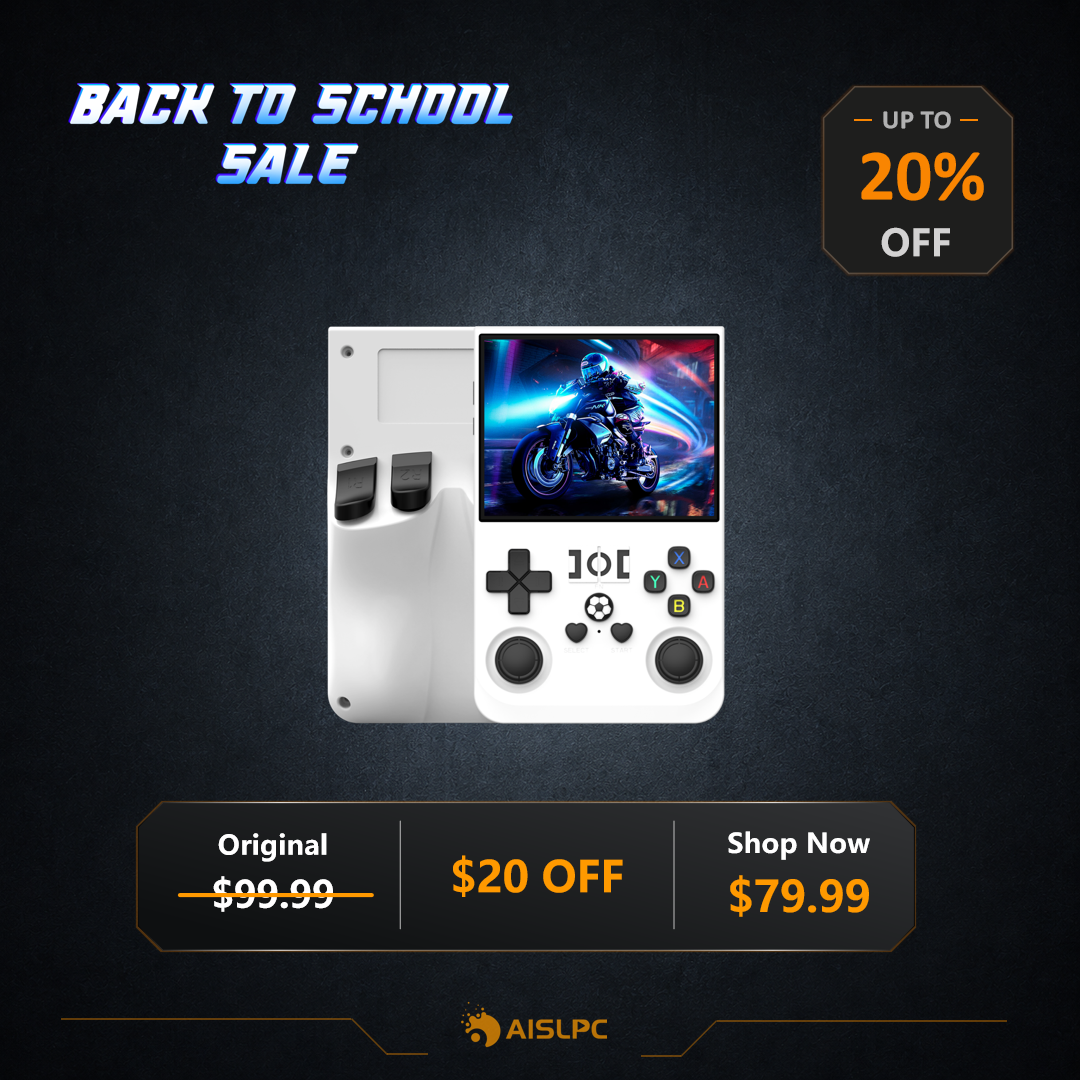 Back to School sale poster featuring the white R36 PRO retro gaming handheld console with 20% off, a $20 discount, original price $99.99, and sale price $79.99.