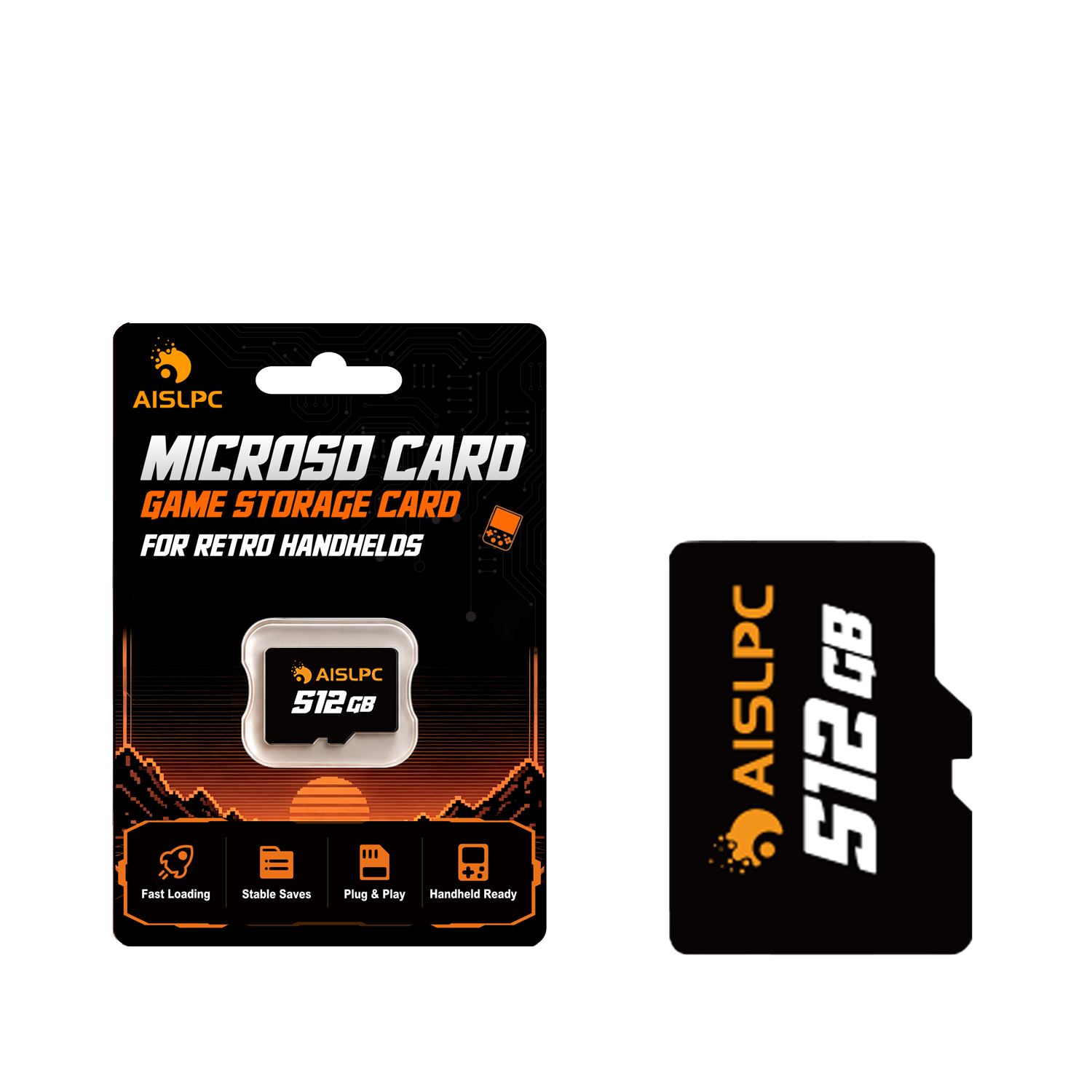 AISLPC 512GB microSD game storage card package and memory card displayed on a transparent background for retro handheld accessories.