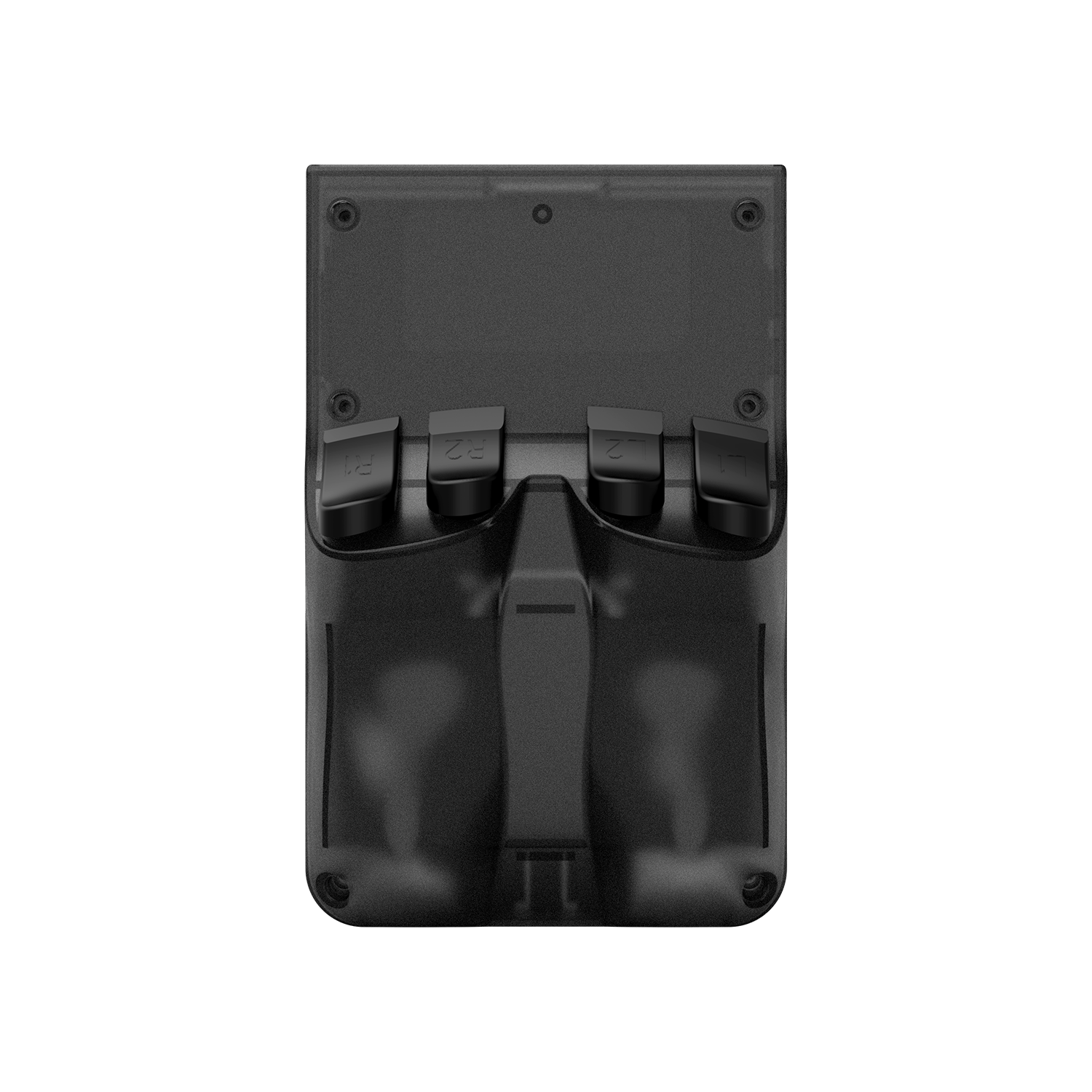 Back view of a black R36 PRO retro gaming handheld console with a transparent shell, rear ergonomic grip, and shoulder buttons.