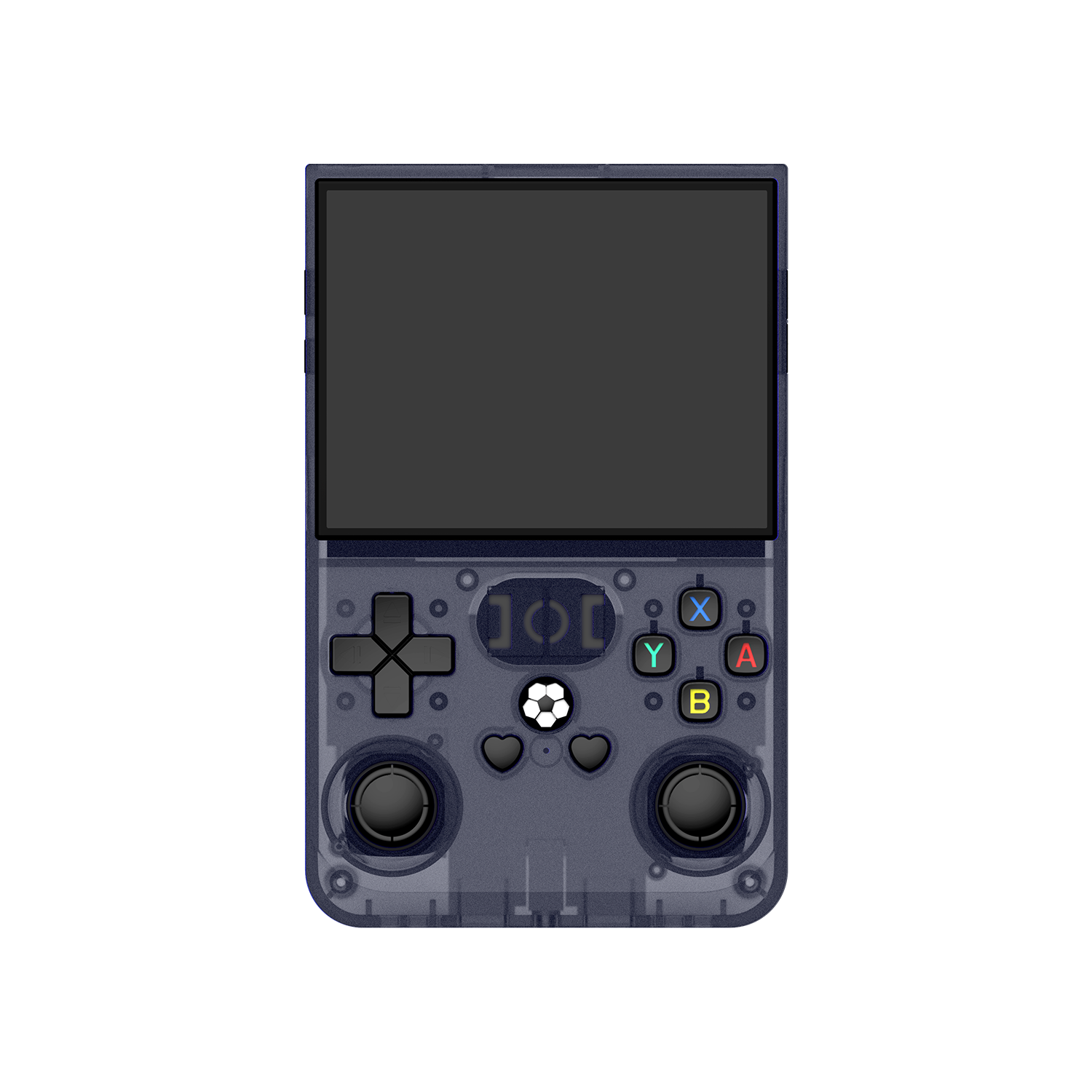 Front view of a gray R36 PRO retro gaming handheld console with a transparent shell, dual joysticks, colorful action buttons, and a large display.