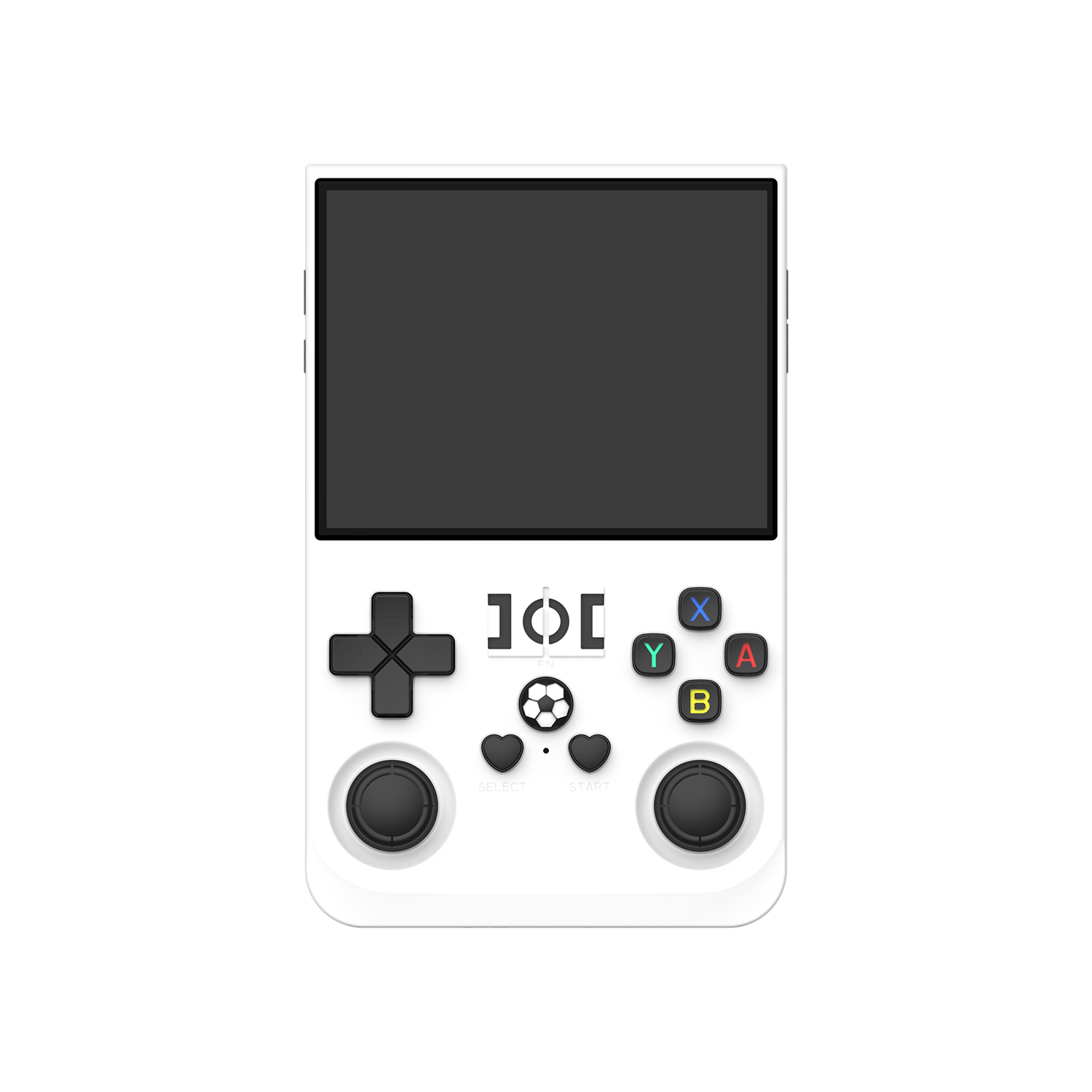Front view of a white R36 PRO retro gaming handheld console with dual joysticks, colorful action buttons, and a large display.