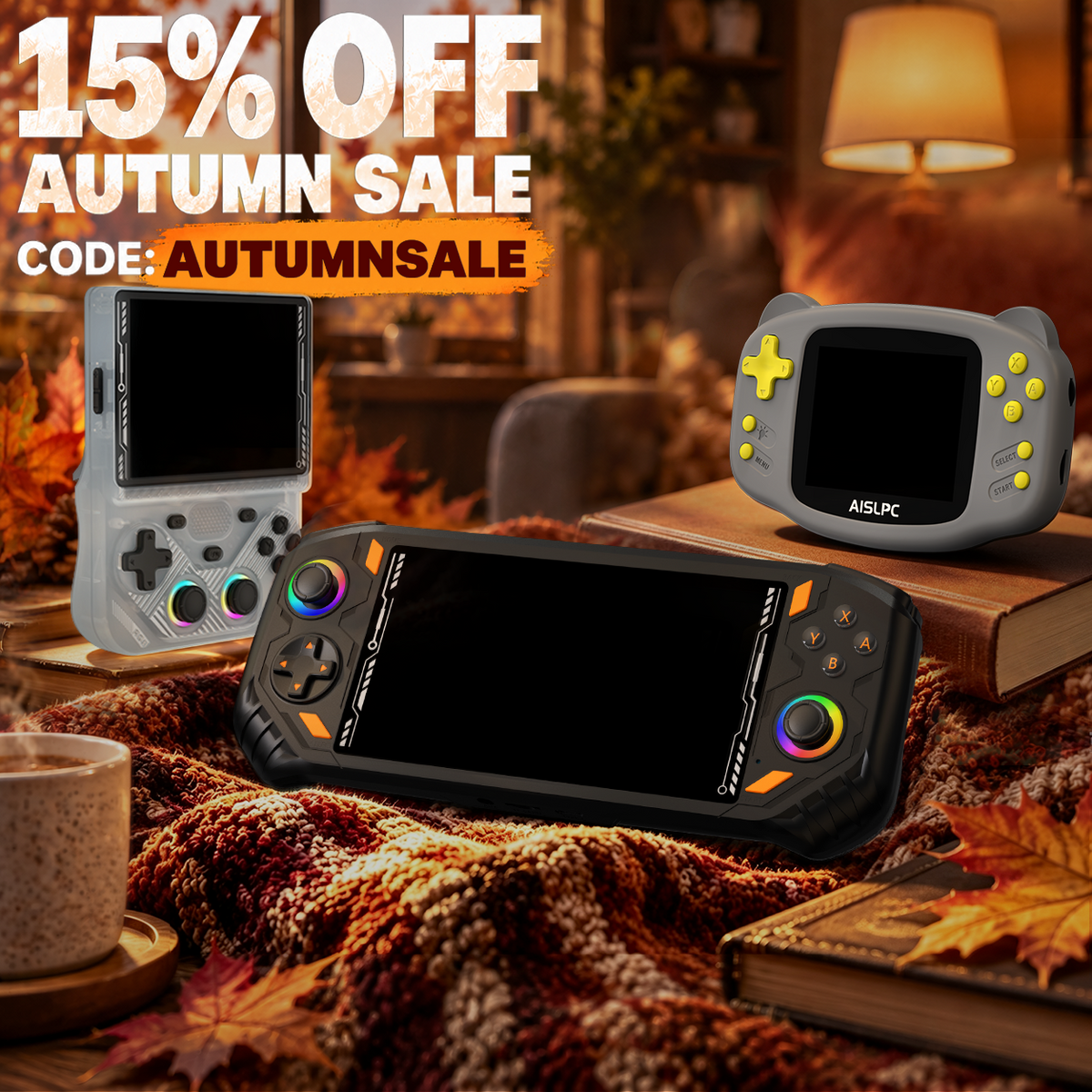AISLPC Autumn Sale blog cover featuring retro handheld gaming consoles with 15% OFF discount code AUTUMNSALE.