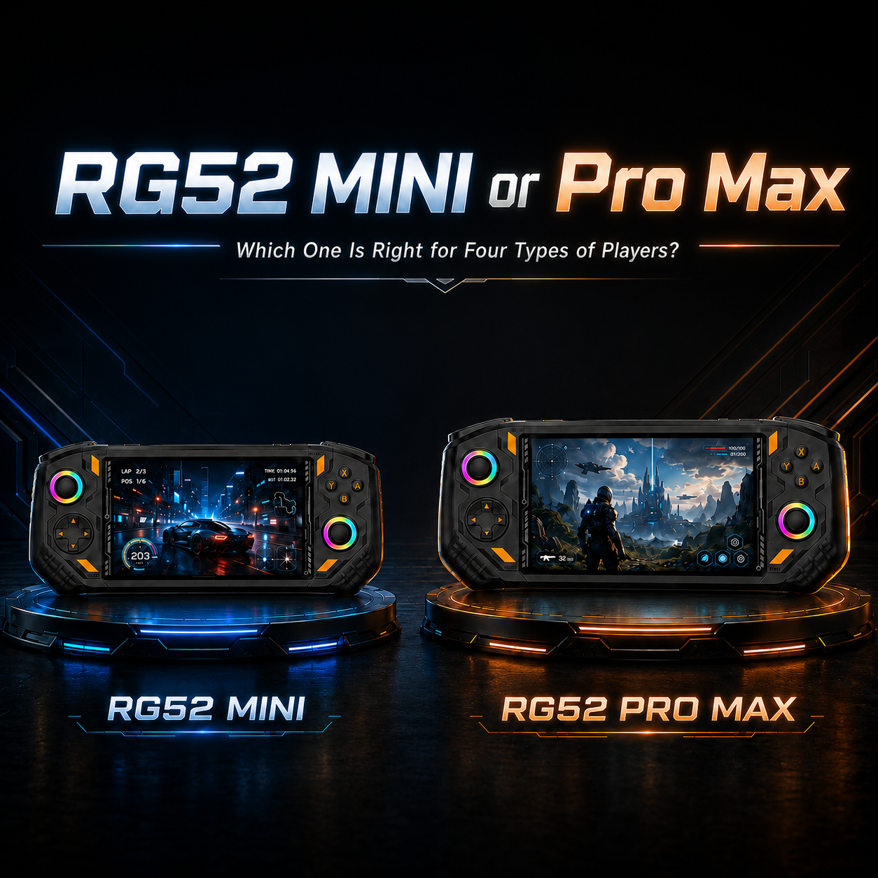 AISLPC RG52 MINI vs RG52 PRO MAX comparison blog cover showing which handheld console is right for different types of players.