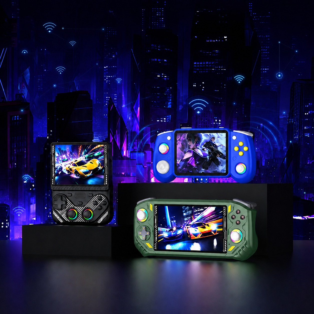 AISLPC retro handheld game consoles displayed in a cyberpunk city scene, featuring multiple gaming devices with colorful screens.