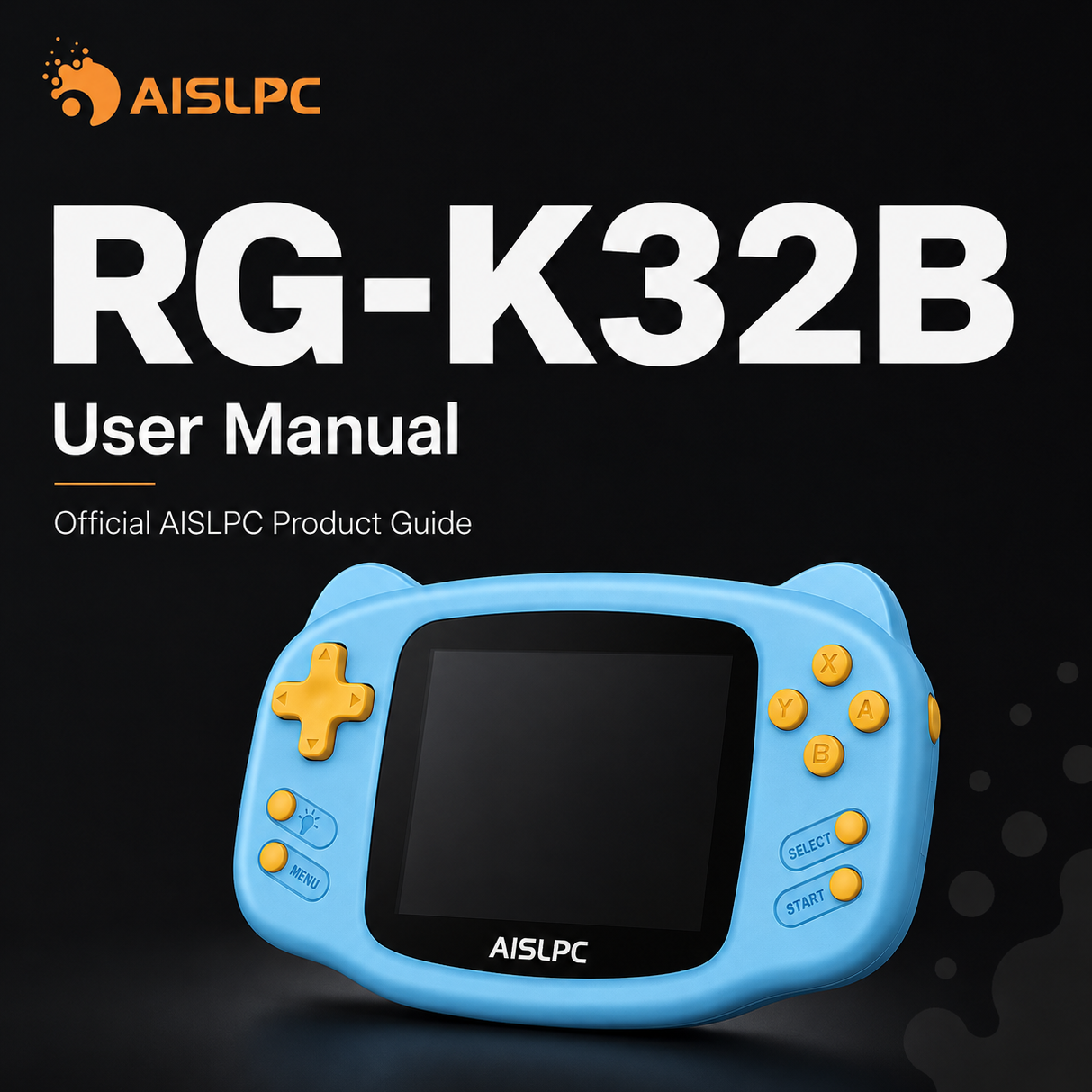AISLPC RG-K32B user manual blog cover featuring the official product guide and blue cat-themed handheld game console.