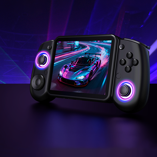 Black RG43H PRO handheld game console with glowing RGB joystick rings, displayed on a purple neon background, featuring a racing car game on the screen.