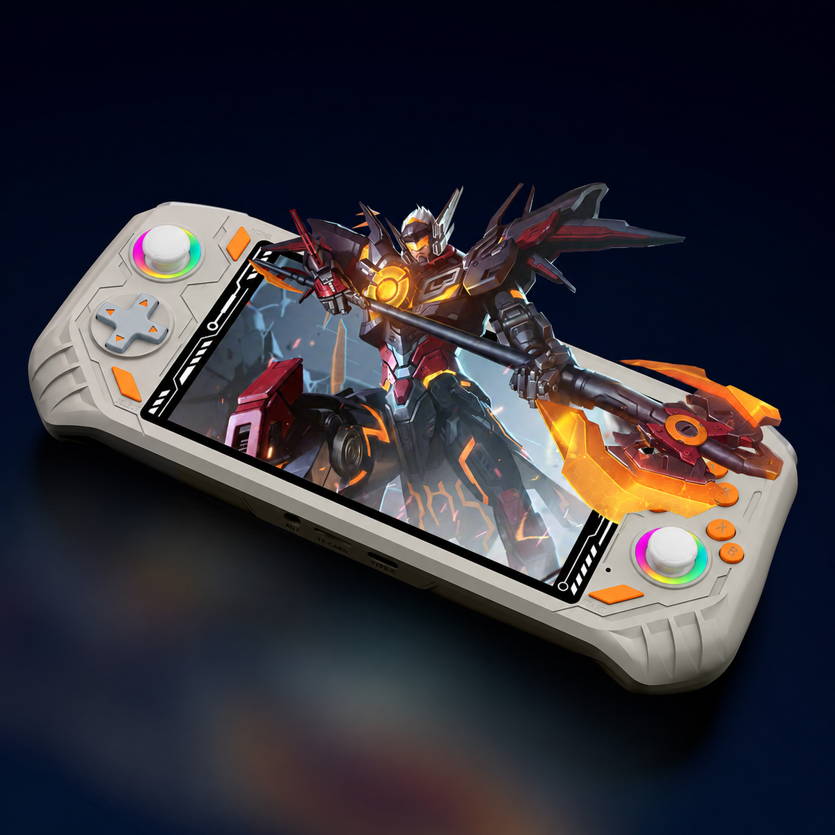 AISLPC RG52 PRO MAX handheld game console blog cover featuring an action robot game scene on the screen with a dark gaming background.