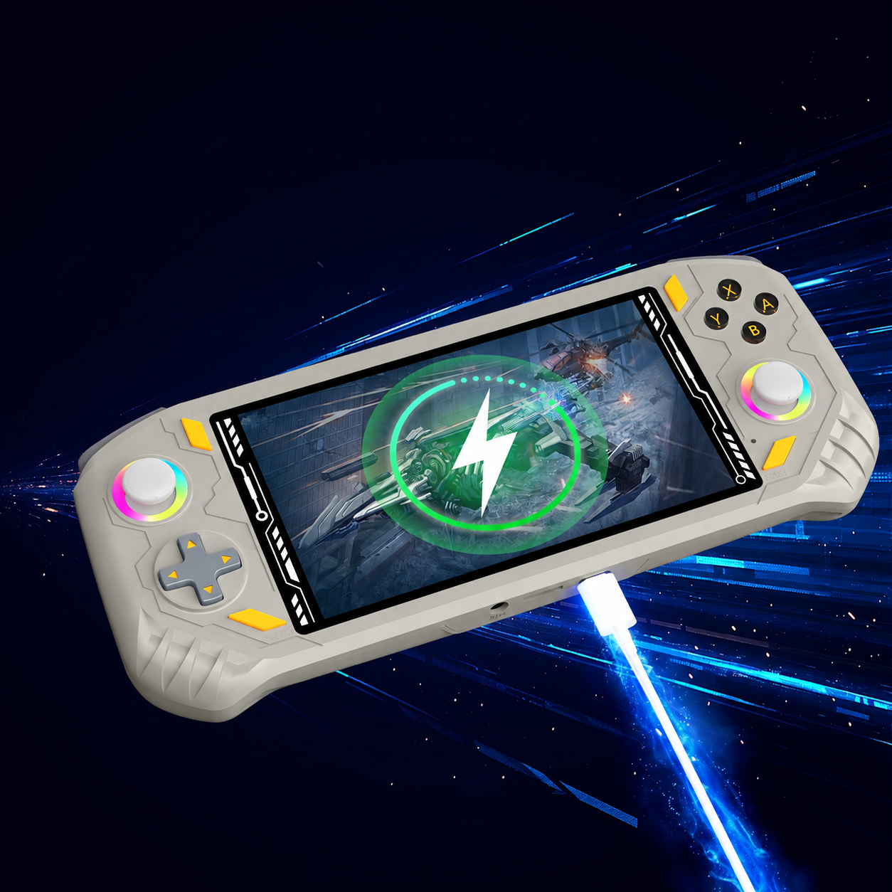 AISLPC RG52 PRO MAX handheld game console blog cover showing fast charging with a Type-C cable and a lightning charging icon on screen.