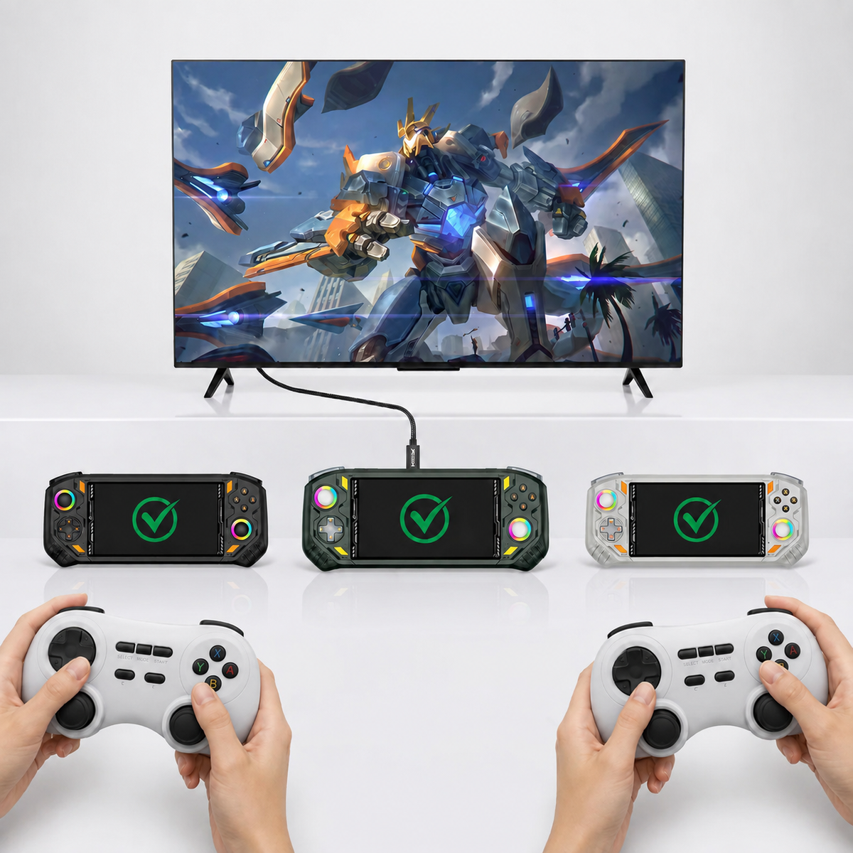 AISLPC blog cover showing two RGpad02 controllers for two-player gaming, with RG52 MINI handheld consoles connected to a TV for large-screen gameplay.