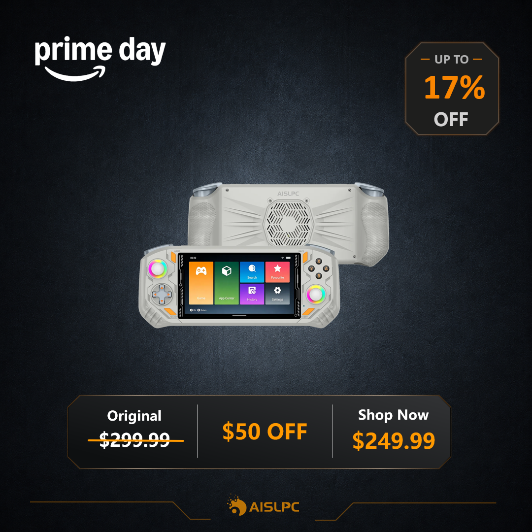 Prime Day 2026 sale poster featuring the gray RG52 PRO MAX retro gaming handheld console, with up to 17% off, $50 off, and a shop now price of $249.99.