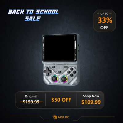 Back to School sale poster featuring the silver RG43V PRO retro gaming handheld console with 33% off, a $50 discount, original price $159.99, and sale price $109.99