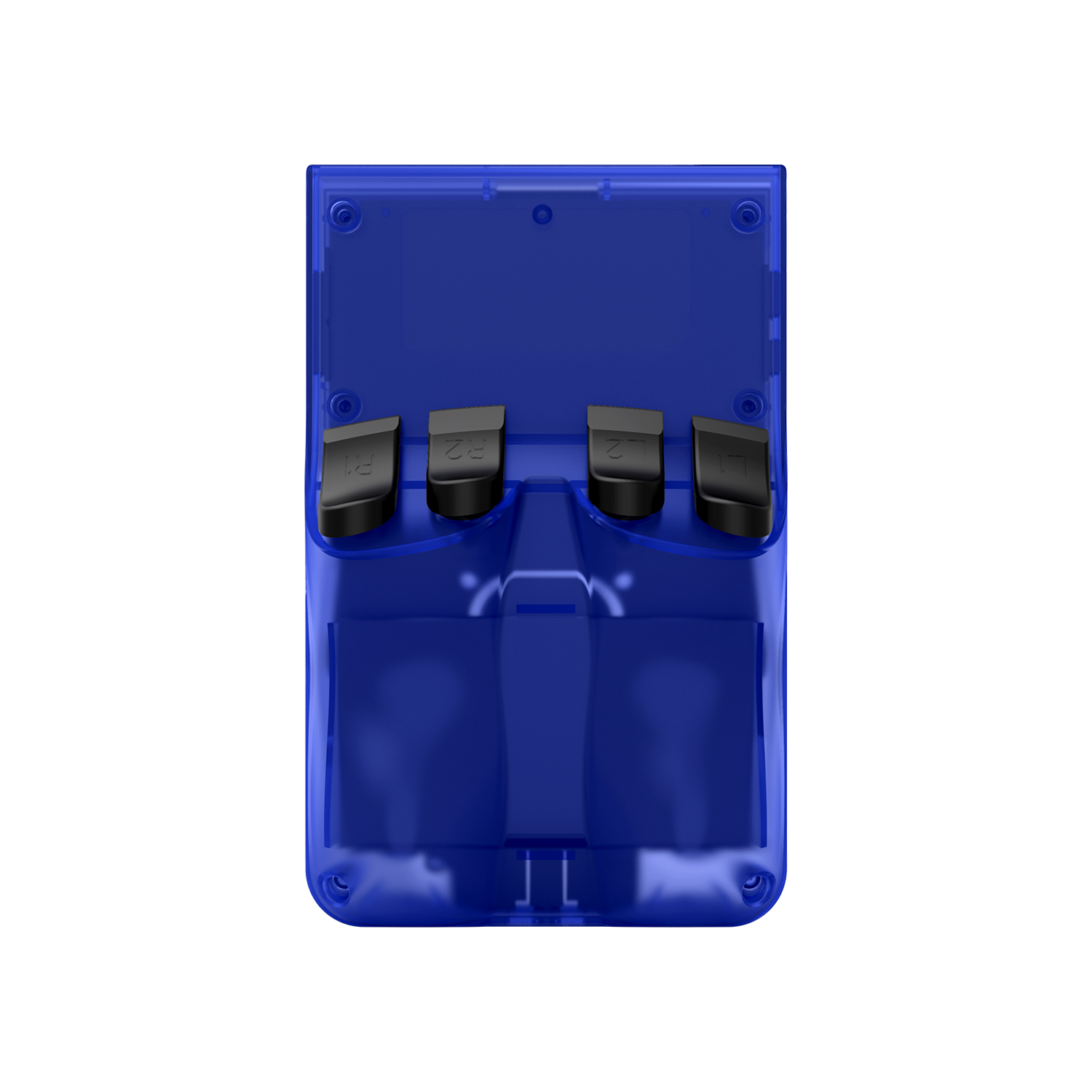 Transparent blue AISLPC R36 PRO retro handheld game console shown from the back with rear shoulder buttons.