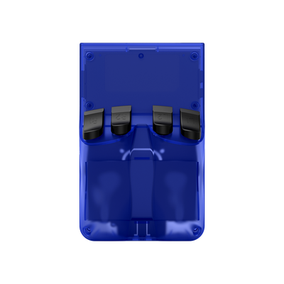 Transparent blue AISLPC R36 PRO retro handheld game console shown from the back with rear shoulder buttons.