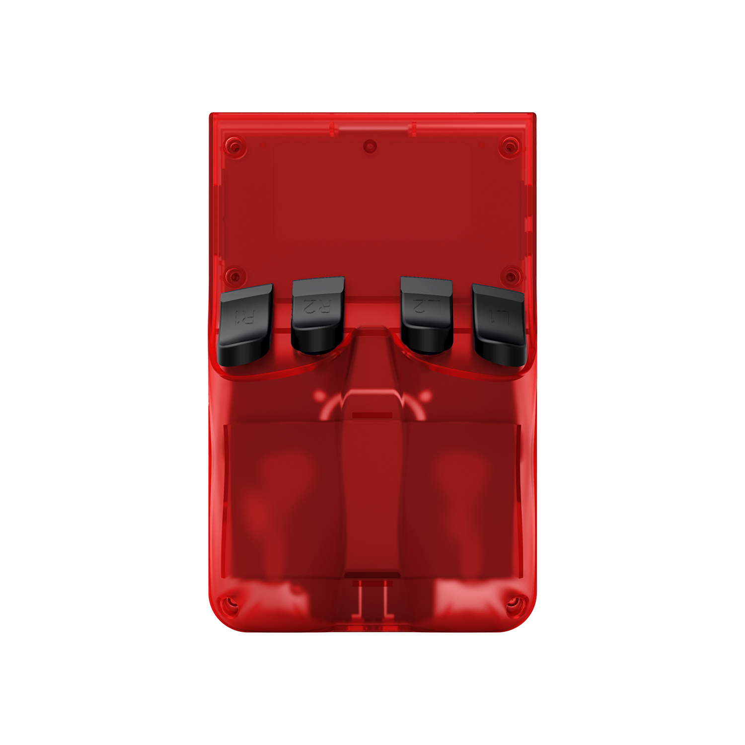 Transparent red AISLPC R36 PRO retro handheld game console shown from the back with rear shoulder buttons.