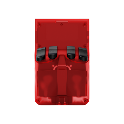 Transparent red AISLPC R36 PRO retro handheld game console shown from the back with rear shoulder buttons.