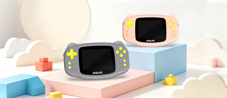 AISLPC RG-K32B kids handheld game consoles in pink and gray displayed on pastel blocks in a playful product banner.