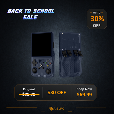 Back to School sale poster featuring the transparent black R36 MAX retro gaming handheld console with 30% off, a $30 discount, original price $99.99, and sale price $69.99.