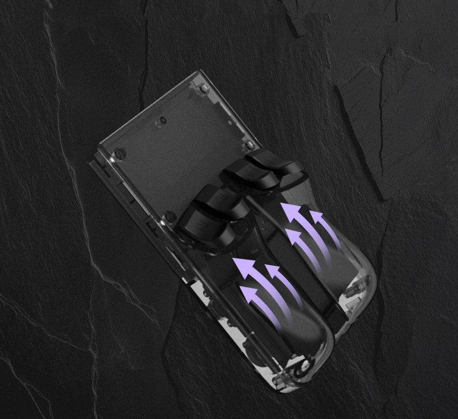 Back view of a black R36 PRO retro gaming handheld console with a transparent shell, rear grip design, and purple airflow arrows showing heat dissipation.