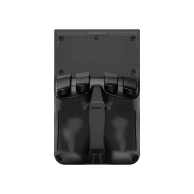 Back view of a black R36 PRO retro gaming handheld console with a transparent shell, rear ergonomic grip, and shoulder buttons.