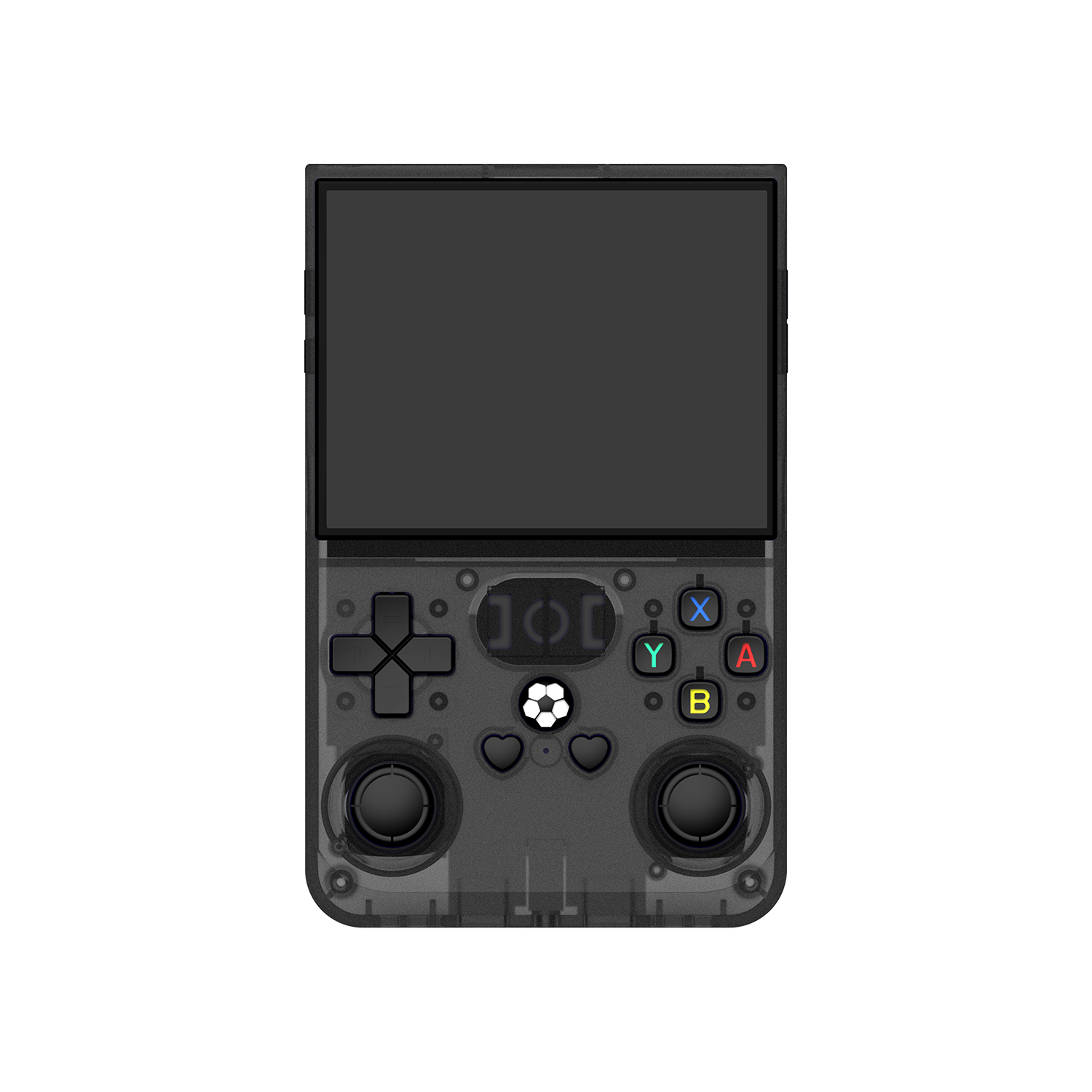 Front view of a black R36 PRO retro gaming handheld console with a transparent shell, dual joysticks, colorful action buttons, and a large display.