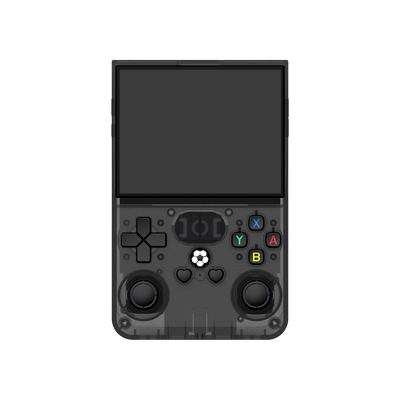 Front view of a black R36 PRO retro gaming handheld console with a transparent shell, dual joysticks, colorful action buttons, and a large display.