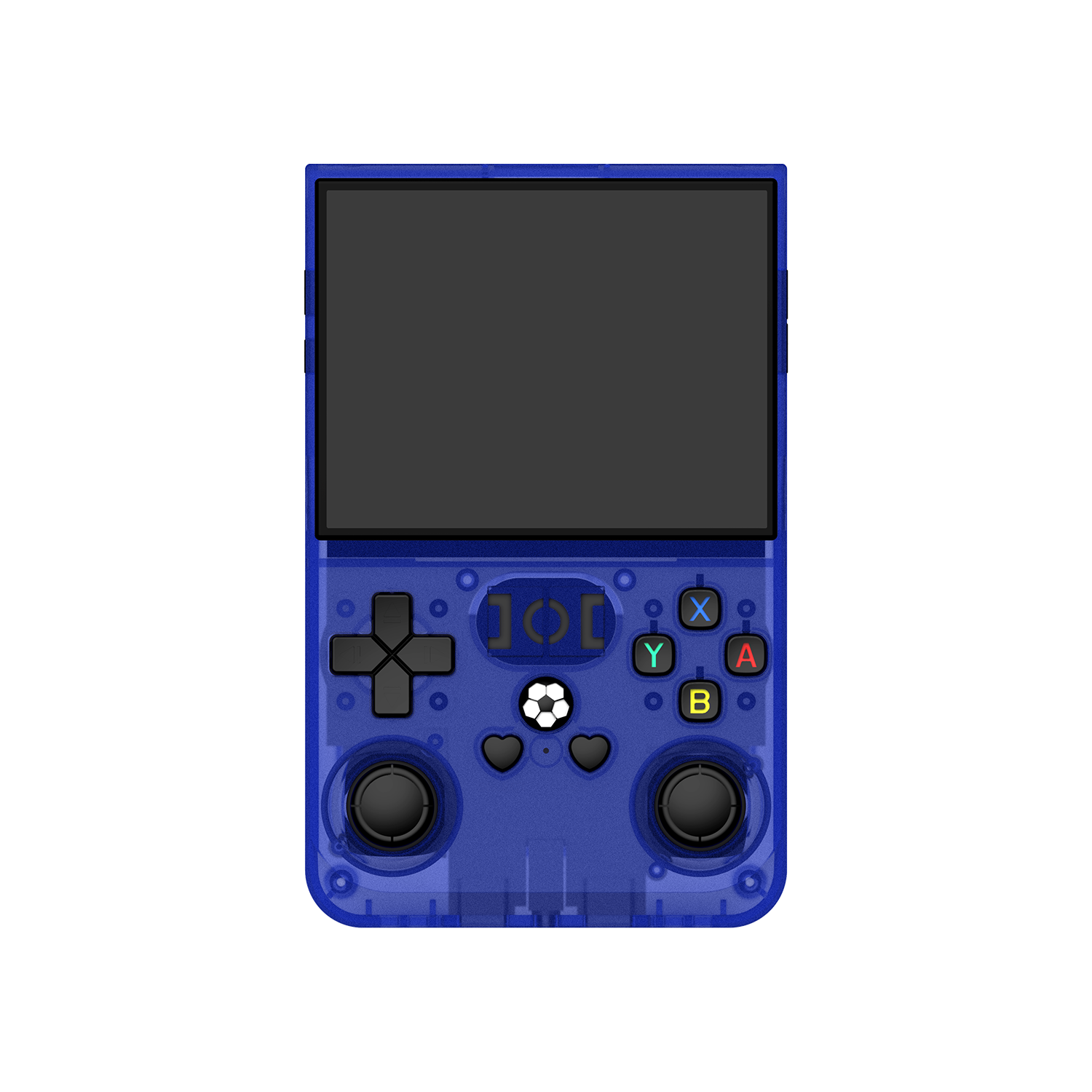 Front view of a blue R36 PRO retro gaming handheld console with a transparent shell, dual joysticks, colorful action buttons, and a large display.