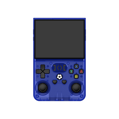 Front view of a blue R36 PRO retro gaming handheld console with a transparent shell, dual joysticks, colorful action buttons, and a large display.