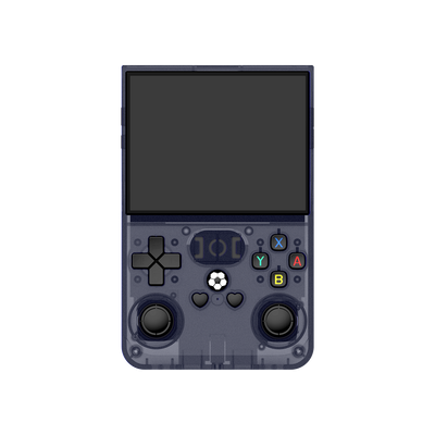 Front view of a gray R36 PRO retro gaming handheld console with a transparent shell, dual joysticks, colorful action buttons, and a large display.