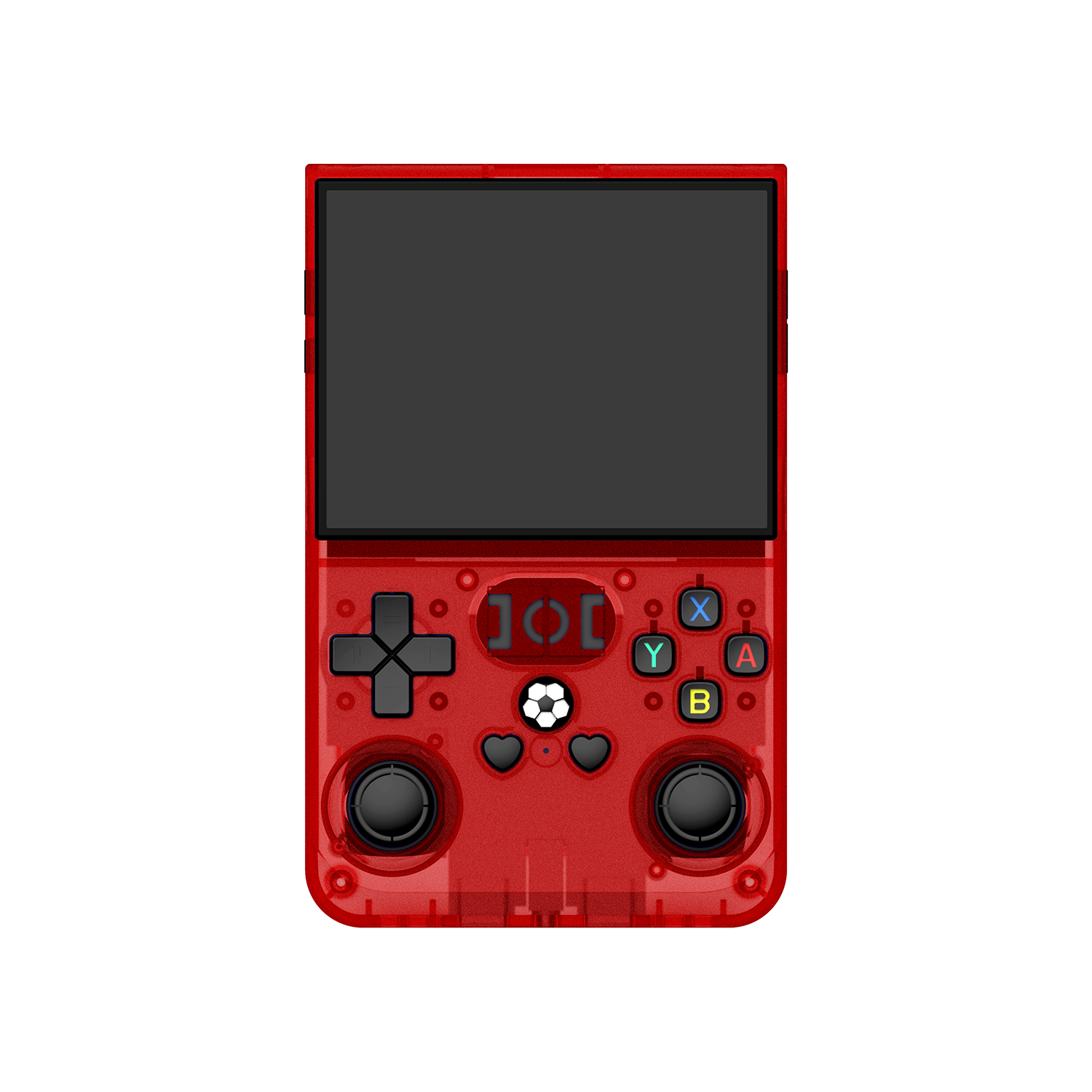 Front view of a red R36 PRO retro gaming handheld console with a transparent shell, dual joysticks, colorful action buttons, and a large display.
