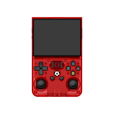 Front view of a red R36 PRO retro gaming handheld console with a transparent shell, dual joysticks, colorful action buttons, and a large display.