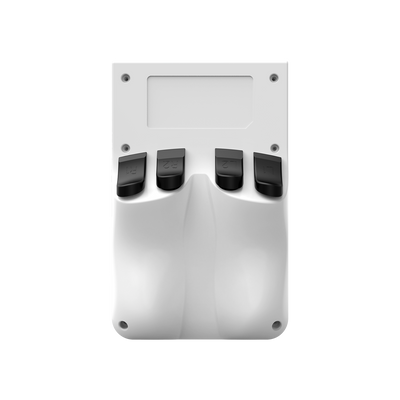 Back view of a white R36 PRO retro gaming handheld console with an ergonomic rear grip design and shoulder buttons.