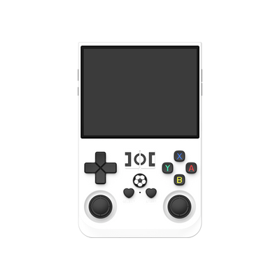 Front view of a white R36 PRO retro gaming handheld console with dual joysticks, colorful action buttons, and a large display.