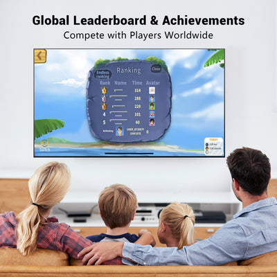 AISLPC family motion game system global leaderboard and achievements display, showing a family competing with players worldwide on TV.