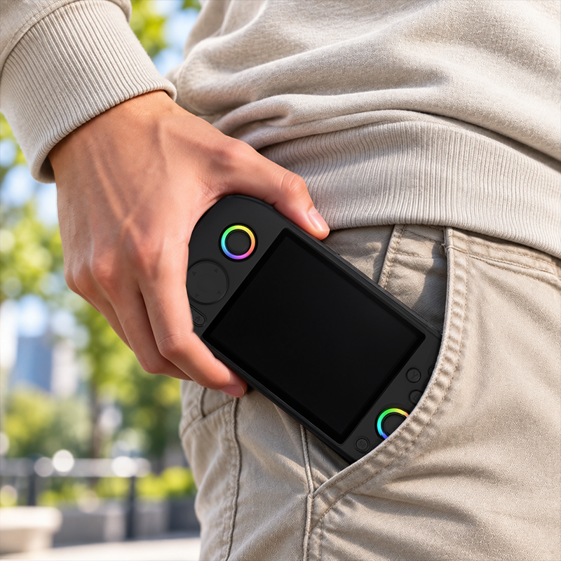 AISLPC Pocket AIS handheld console shown being carried in a pocket, highlighting its compact and portable design for outdoor gaming.