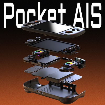 AISLPC Pocket AIS exploded view product image showing the internal structure, screen, buttons, joysticks, circuit boards, and outer shell components.