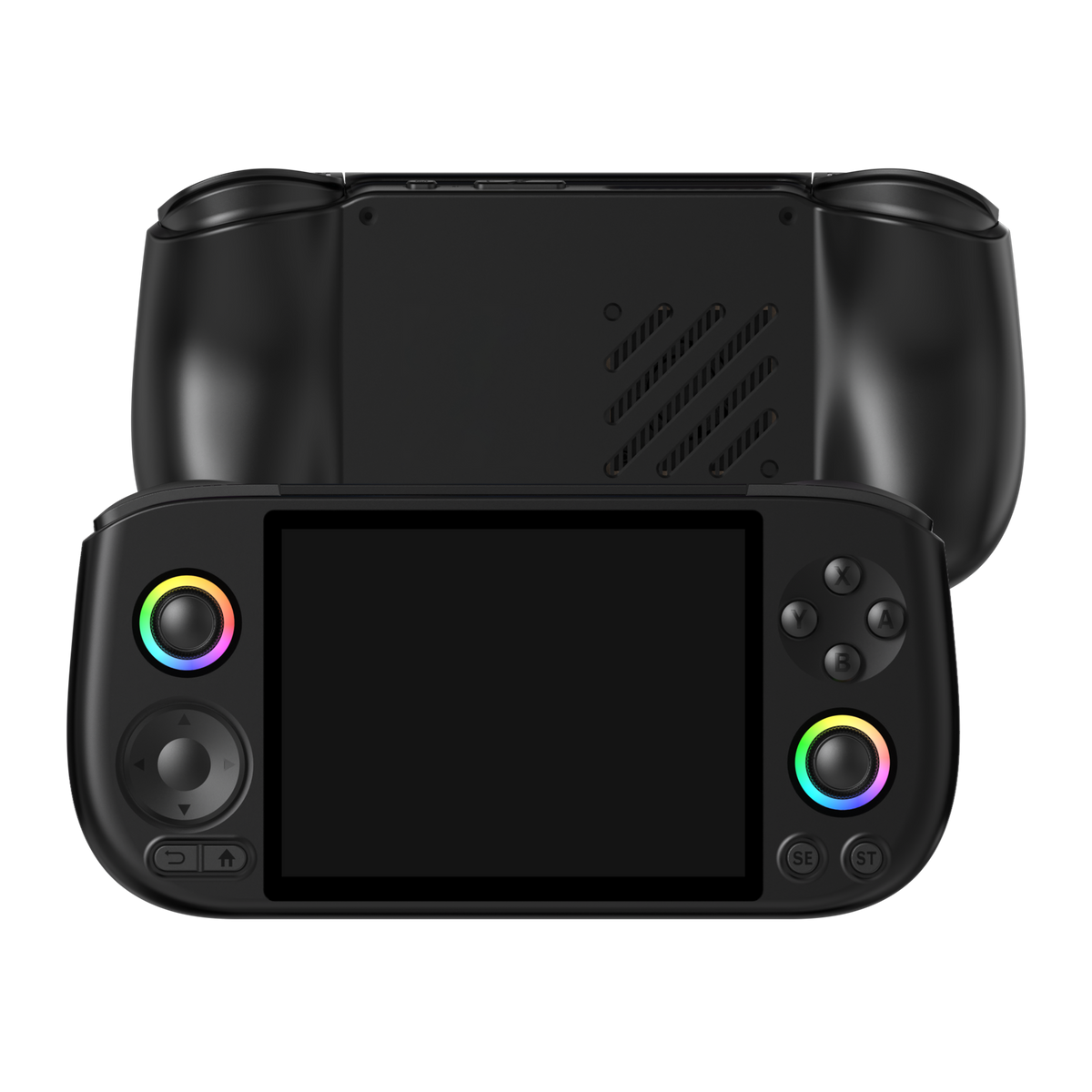 AISLPC Pocket AIS black handheld game console front and back view product image with dual RGB joysticks on a transparent background.