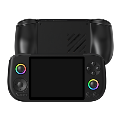 AISLPC Pocket AIS black handheld game console front and back view product image with dual RGB joysticks on a transparent background.