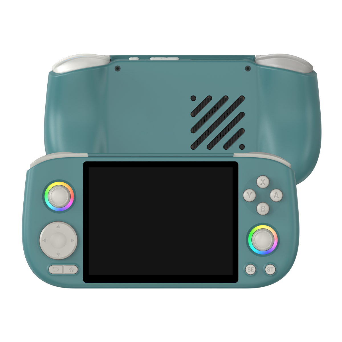 AISLPC Pocket AIS green handheld game console front and back view product image with dual RGB joysticks on a transparent background.