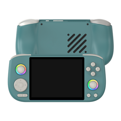 AISLPC Pocket AIS green handheld game console front and back view product image with dual RGB joysticks on a transparent background.