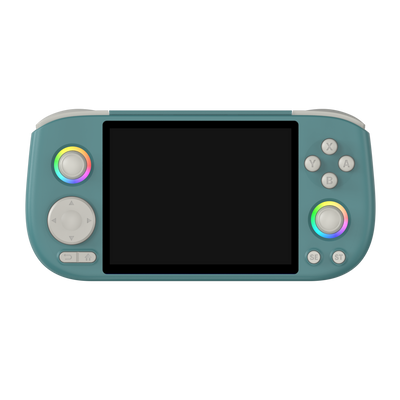AISLPC Pocket AIS green retro handheld game console shown in front view with dual RGB joysticks.